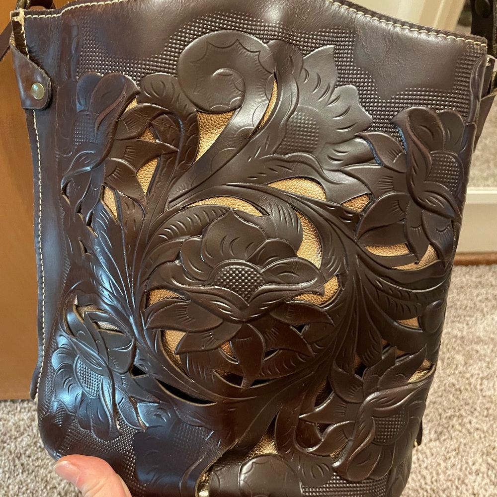 Patricia Nash Brown tooled Leather Floral bucket Shoulder Bag